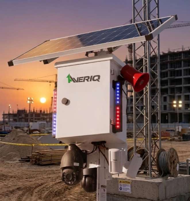 1Averiq mobile surveillance tower with speaker and strobe on an industrial site